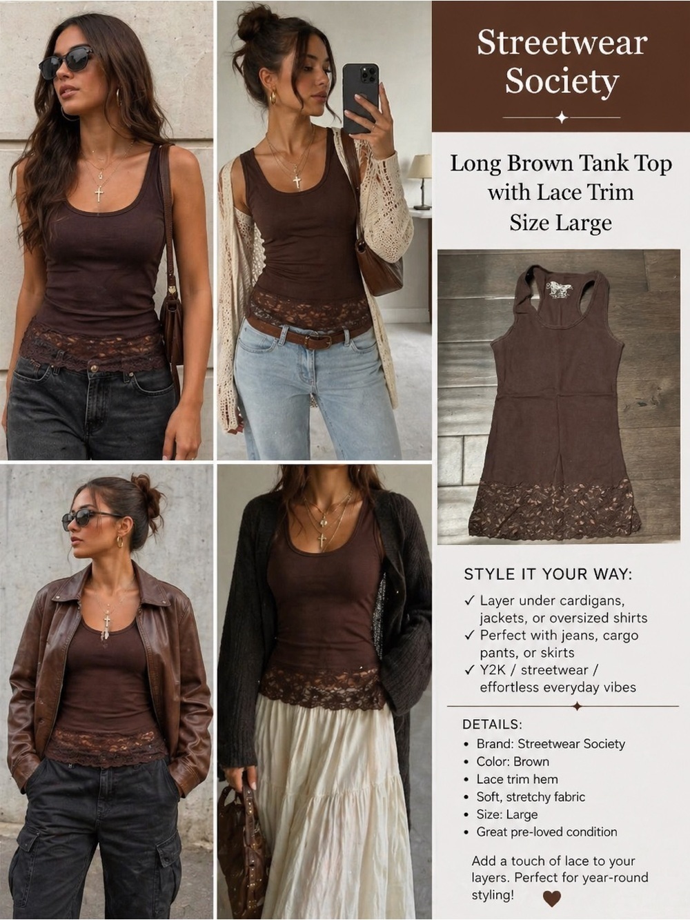 4/$20 Streetwear Society long brown tank top, with lace trim, size Large/ layer